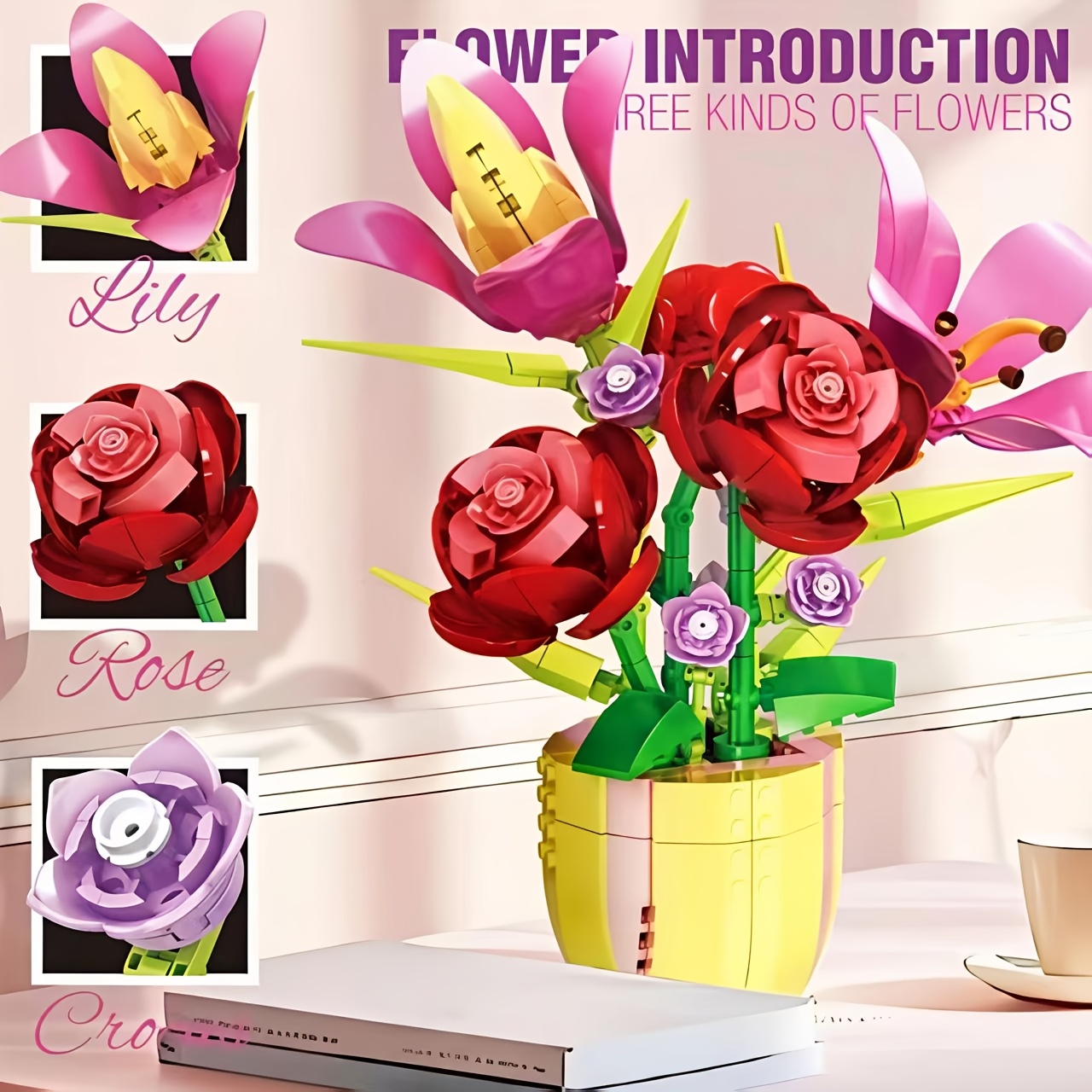 Fiery Lily Rose Building Block Set, Plant Ornament